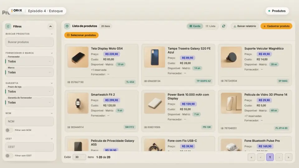 Lista de produtos com o estoque disponível e reservado de cada peça.