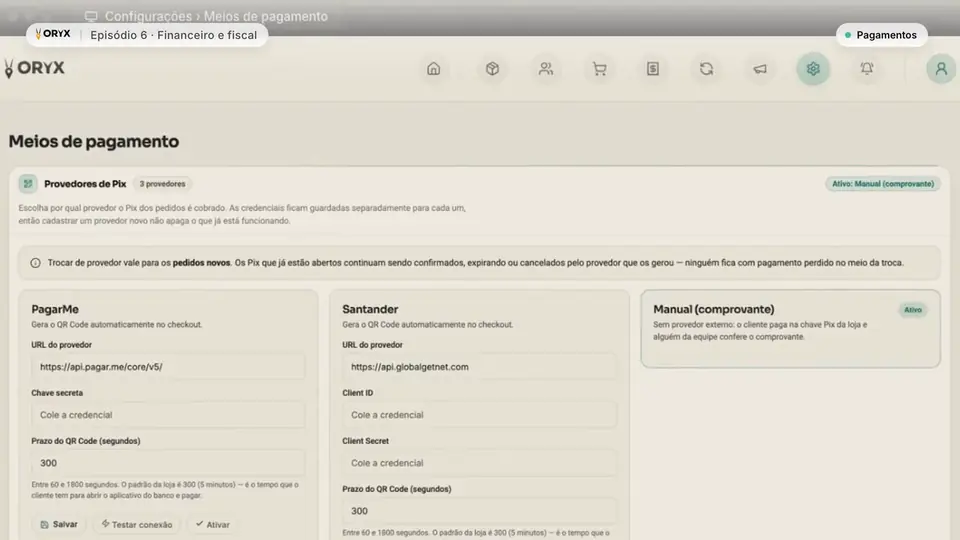Tela Meios de pagamento com o provedor de Pix configurado.