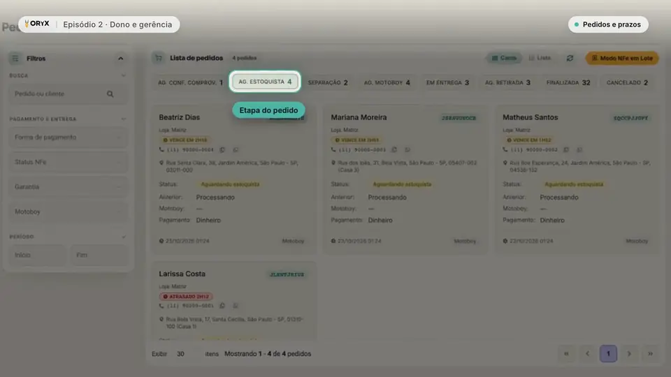 Lista de pedidos com o selo de prazo de cada etapa.